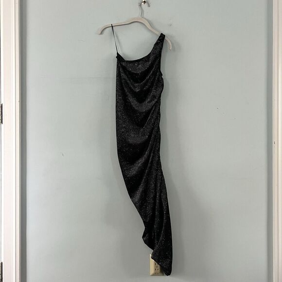 NWT Gibson Latimer Black Velvet Silver One Shoulder Asymmetric Ruched Midi Dress - Picture 3 of 6